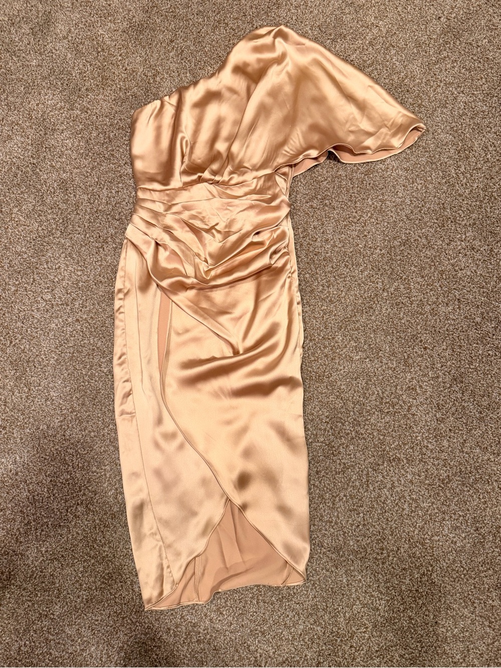 Asymmetric One-Shoulder Satin Midi Dress in Champagne Gold